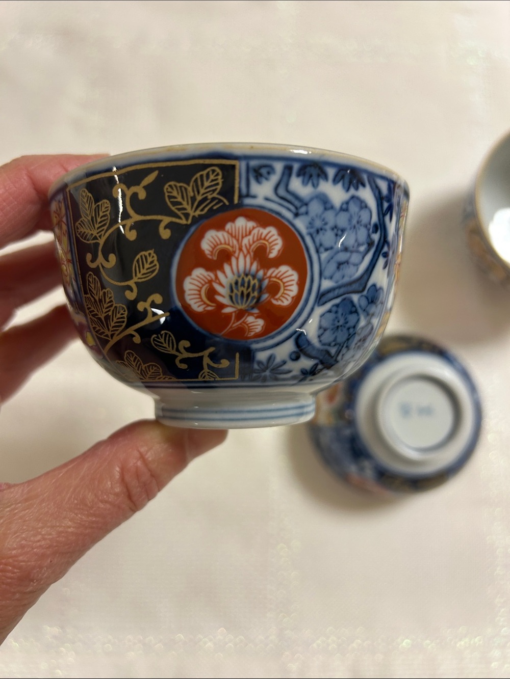 Japanese Arita Decorative Floral Porcelain Tea Cups  - Blue, White, Gold Accents image 2
